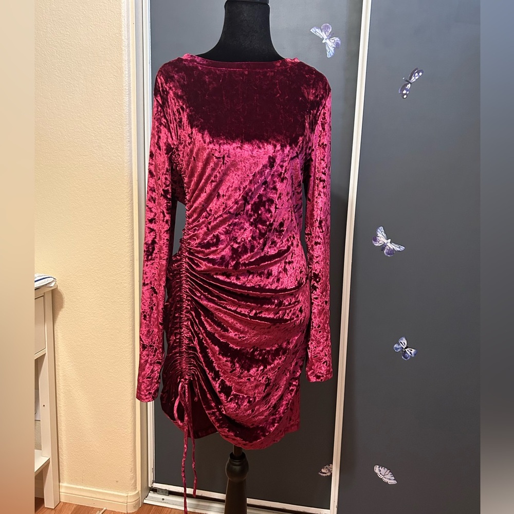 🥉 Vylette Velvet Dress US XL Burgundy Long Sleeve Adjustable Ruching Boat Neck